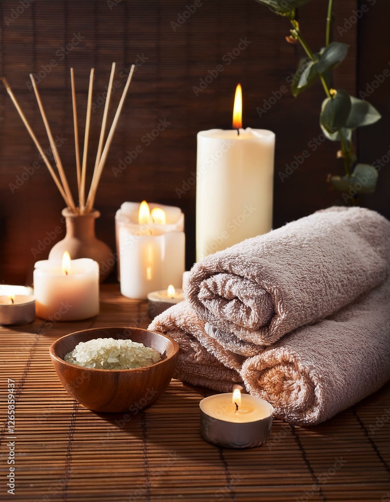 Ambiente de Spa con Toallas, Velas y Aceites Esenciales – Relajación y Bienestar Ambiente de Spa con Toallas, Velas y Aceites Esenciales – Relajación y Bienestar