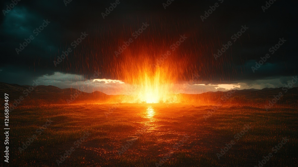 Fiery rain storm over a field at sunset. Possible use Nature disaster, apocalypse Fiery rain storm over a field at sunset. Possible use Nature disaster, apocalypse