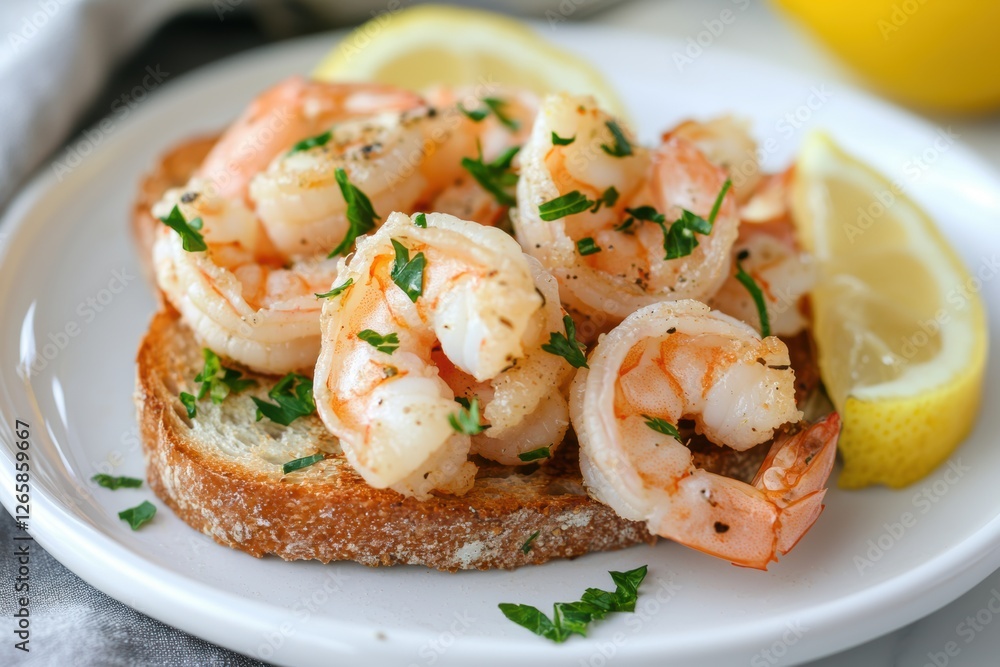 Sautéed Shrimp Bruschetta. Perfectly grilled shrimp on crispy toasts topped with fresh herbs and lemon Sautéed Shrimp Bruschetta. Perfectly grilled shrimp on crispy toasts topped with fresh herbs and lemon