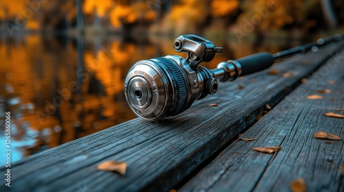 Fishing reel on wooden dock, autumnal lake background photo