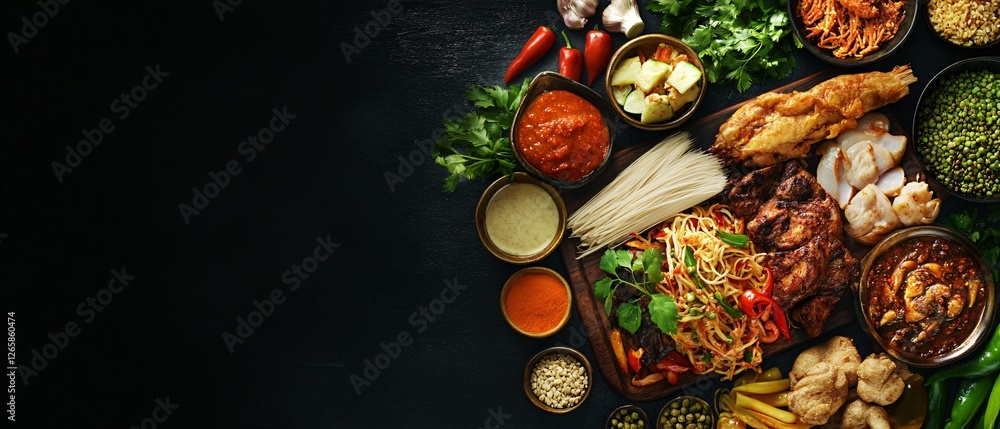 Elevated View of Traditional Indonesian Food and Ingredients Elevated View of Traditional Indonesian Food and Ingredients