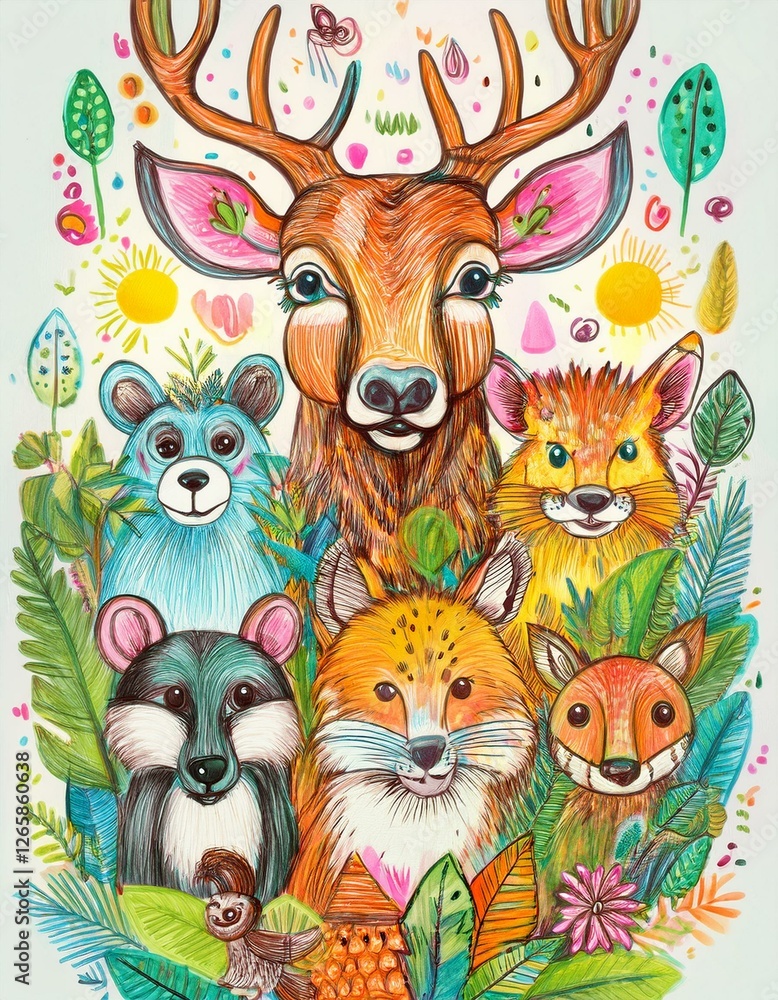 Fototapeta premium Colorido dibujo de dibujos animados con animales del bosque lindos y caras soleadas en un fondo ligero