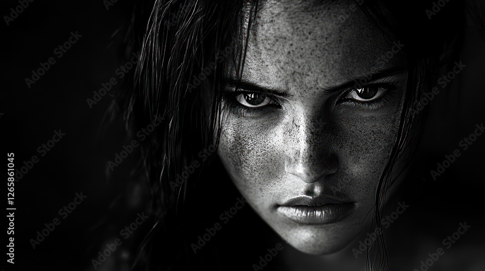 Fototapeta premium Angry woman, close-up portrait, dark background, film noir style, dramatic