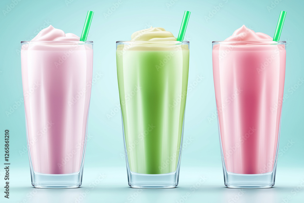 Colorful milkshakes in tall glasses with straws on a light blue background Colorful milkshakes in tall glasses with straws on a light blue background
