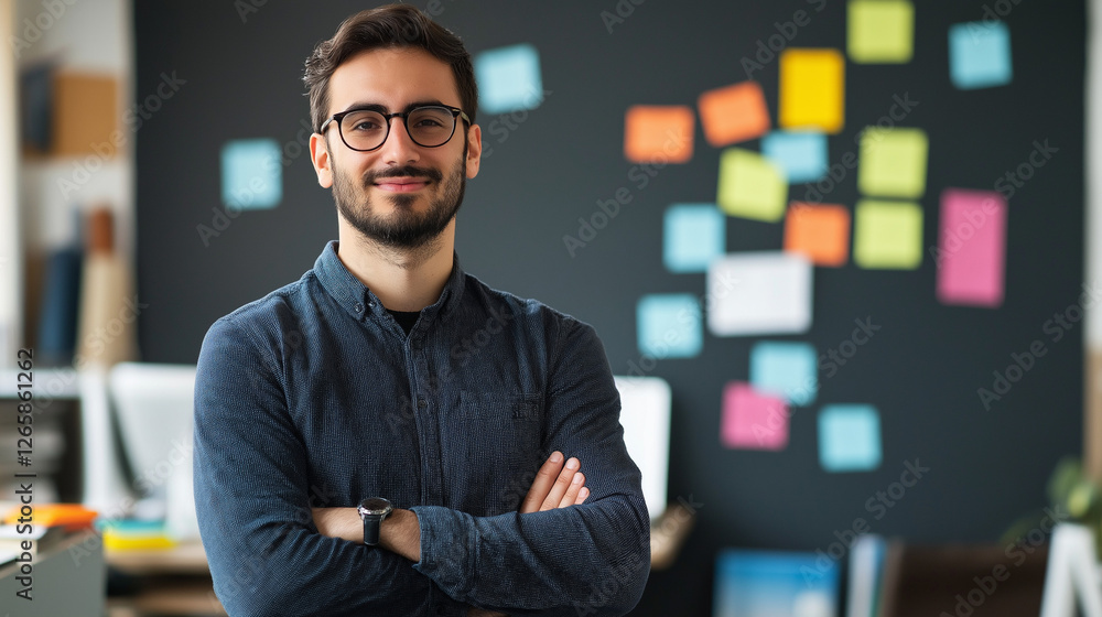 Fototapeta premium Startup founder in a minimalist modern workspace, standing in front of a motivational wall with inspiring quotes,