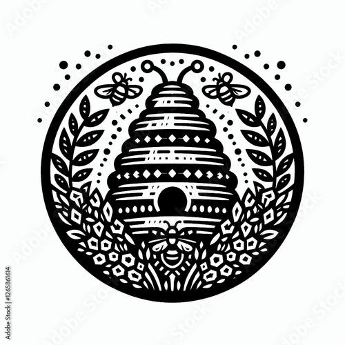 illustration, vector, image, art, art image, wallpaper, hive, bee, bee hive, logo bee, logo, icon, black and white