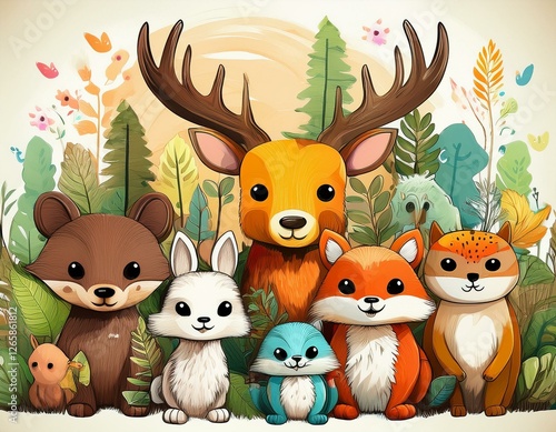 Wallpaper Mural Colorido dibujo de dibujos animados con animales del bosque lindos y caras soleadas en un fondo ligero Torontodigital.ca