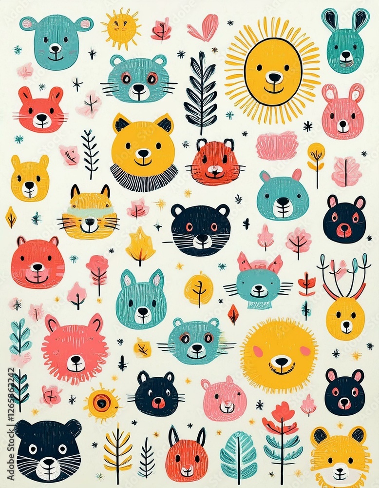 Fototapeta premium Colorido dibujo de dibujos animados con animales del bosque lindos y caras soleadas en un fondo ligero