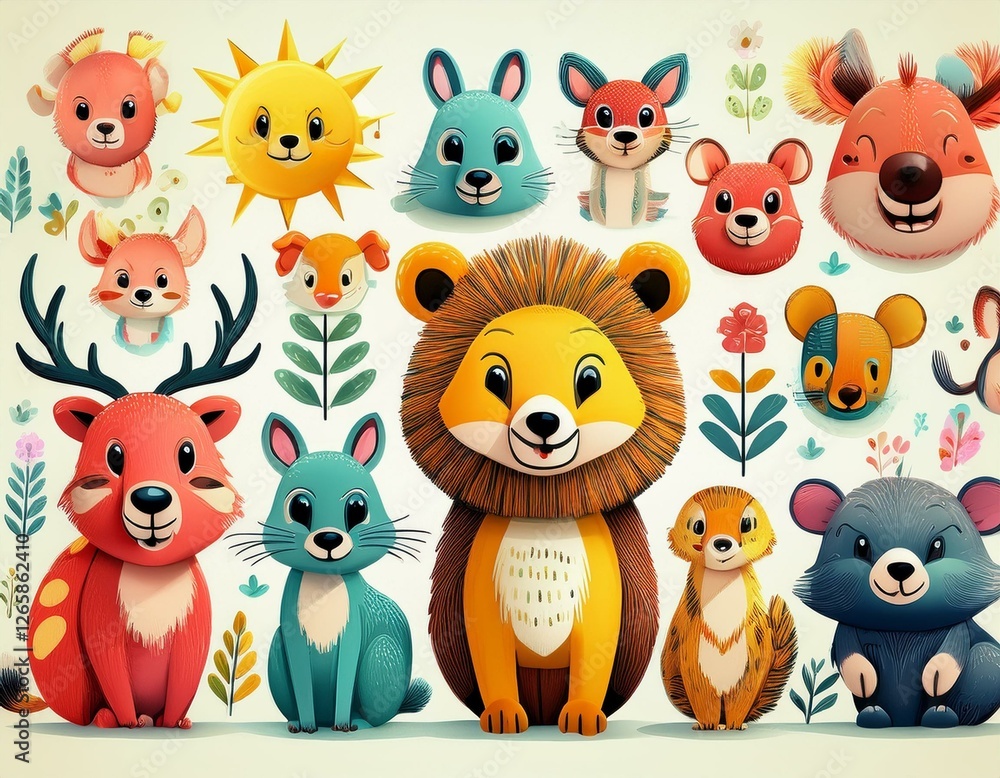 Naklejka premium Colorido dibujo de dibujos animados con animales del bosque lindos y caras soleadas en un fondo ligero