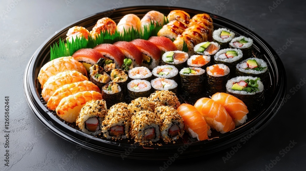 A vibrant assortment of sushi rolls, nigiri, and sashimi beautifully arranged on a black platter, featuring fresh ingredients and colorful presentation. A vibrant assortment of sushi rolls, nigiri, and sashimi beautifully arranged on a black platter, featuring fresh ingredients and colorful presentation.