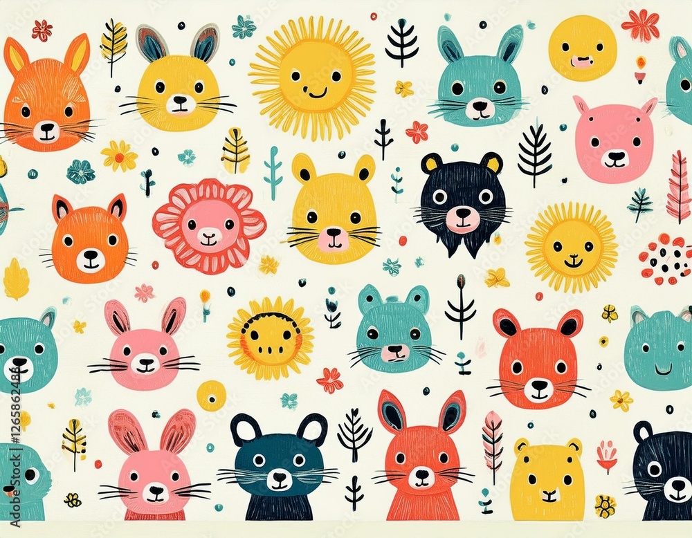 Obraz premium Colorido dibujo de dibujos animados con animales del bosque lindos y caras soleadas en un fondo ligero
