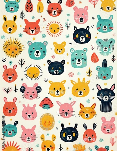 Colorido dibujo de dibujos animados con animales del bosque lindos y caras soleadas en un fondo ligero