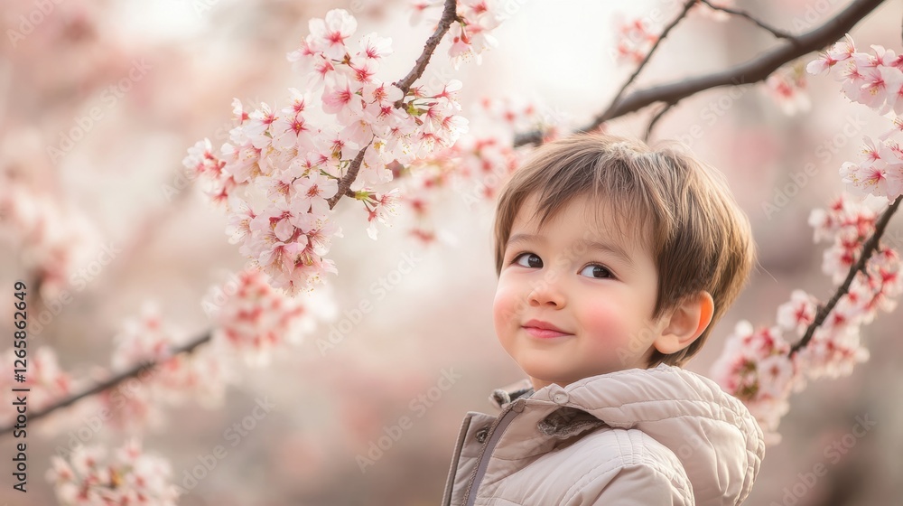 Cute child under cherry blossom tree with blooming flower in Spring. Cute child under cherry blossom tree with blooming flower in Spring.