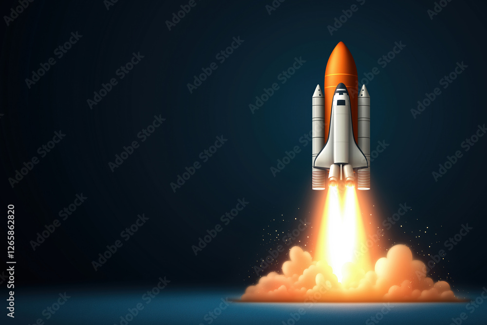 Fototapeta premium Rocket launches with bright flames and clouds, showcasing power and technology