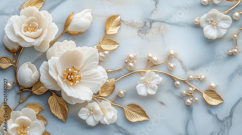 Sculpted luxury floral design with grand ivory blossoms, golden leaves, and pearl-like ornaments in high detail.