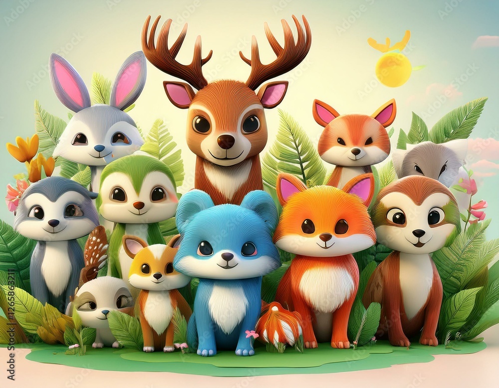 Naklejka premium Colorido dibujo de dibujos animados con animales del bosque lindos y caras soleadas en un fondo ligero