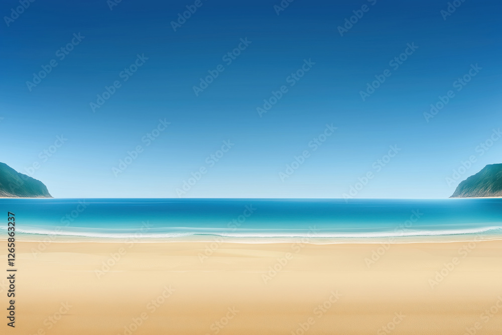 Vast sandy beach with clear blue sky and calm ocean waves in a serene coastal view Vast sandy beach with clear blue sky and calm ocean waves in a serene coastal view