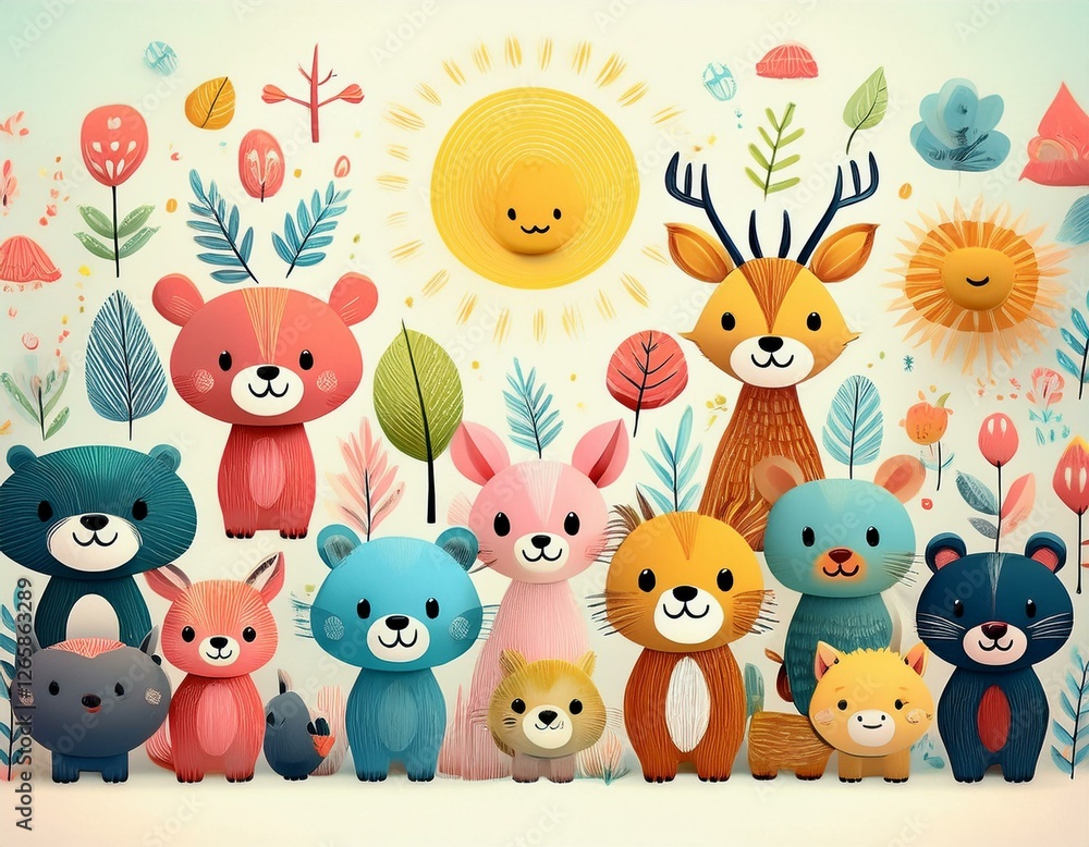 Fototapeta premium Colorido dibujo de dibujos animados con animales del bosque lindos y caras soleadas en un fondo ligero
