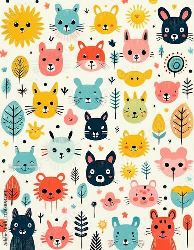 Colorido dibujo de dibujos animados con animales del bosque lindos y caras soleadas en un fondo ligero