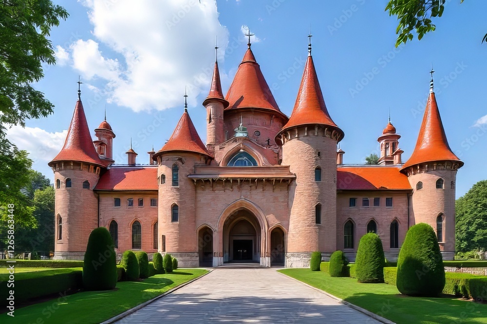 Stunning Medieval-Style Castle with Red Roof and Lush Landscaping Stunning Medieval-Style Castle with Red Roof and Lush Landscaping