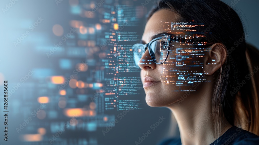 A woman with glasses gazes thoughtfully while digital data streams appear alongside her face, symbolizing technology and innovation. A woman with glasses gazes thoughtfully while digital data streams appear alongside her face, symbolizing technology and innovation.