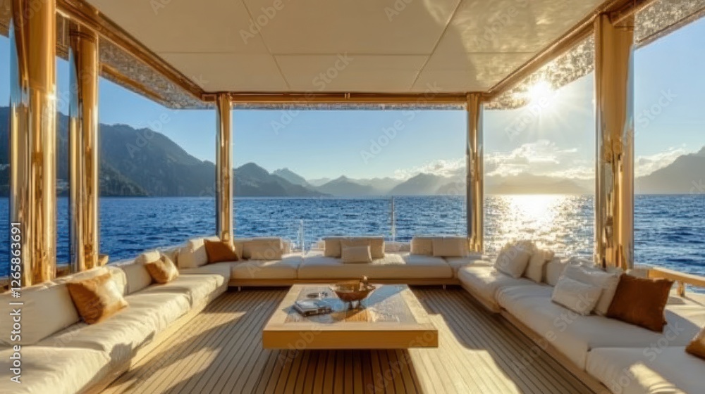 Luxury yacht deck sunset mountains sea relaxation Luxury yacht deck sunset mountains sea relaxation