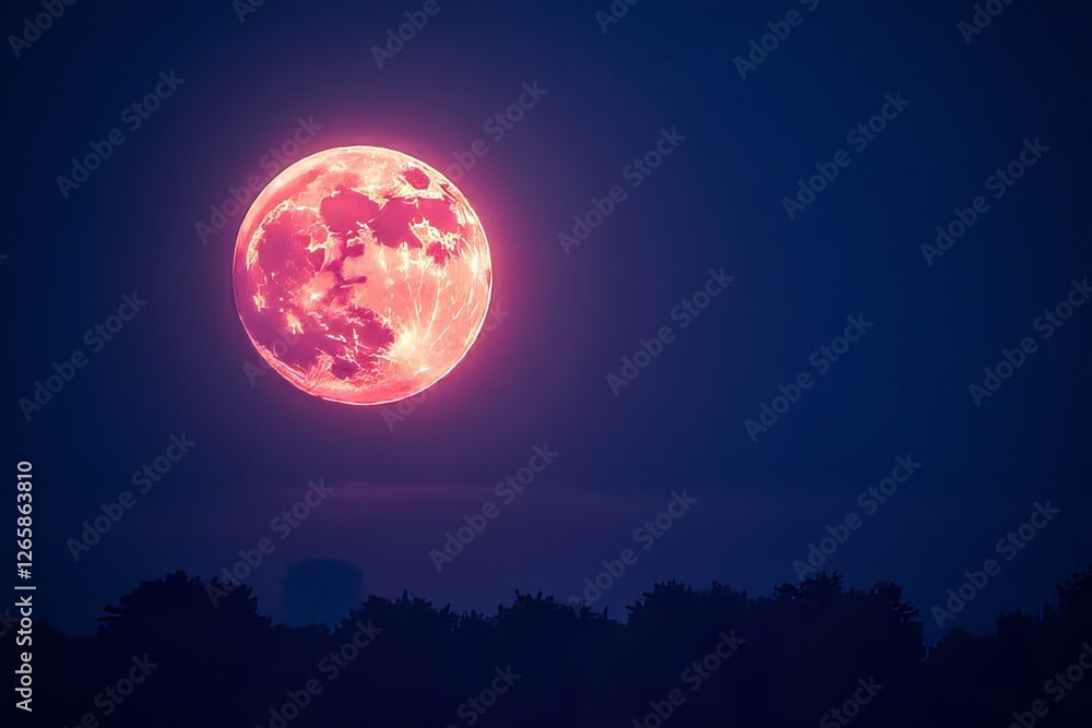 Stunning Pink Supermoon Over Dark Night Sky Stunning Pink Supermoon Over Dark Night Sky