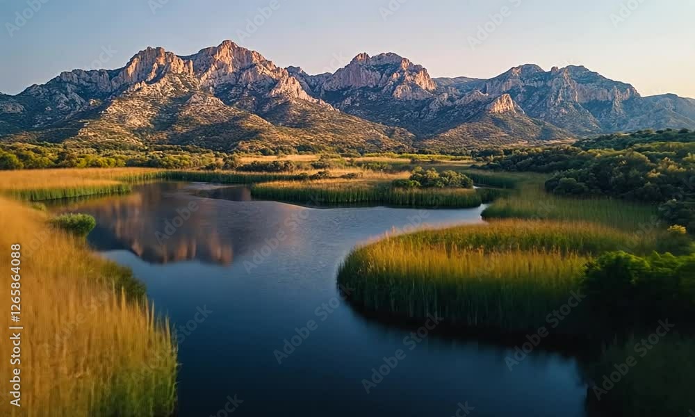 Serene landscape featuring a winding river surrounded by lush greenery and majestic mountains