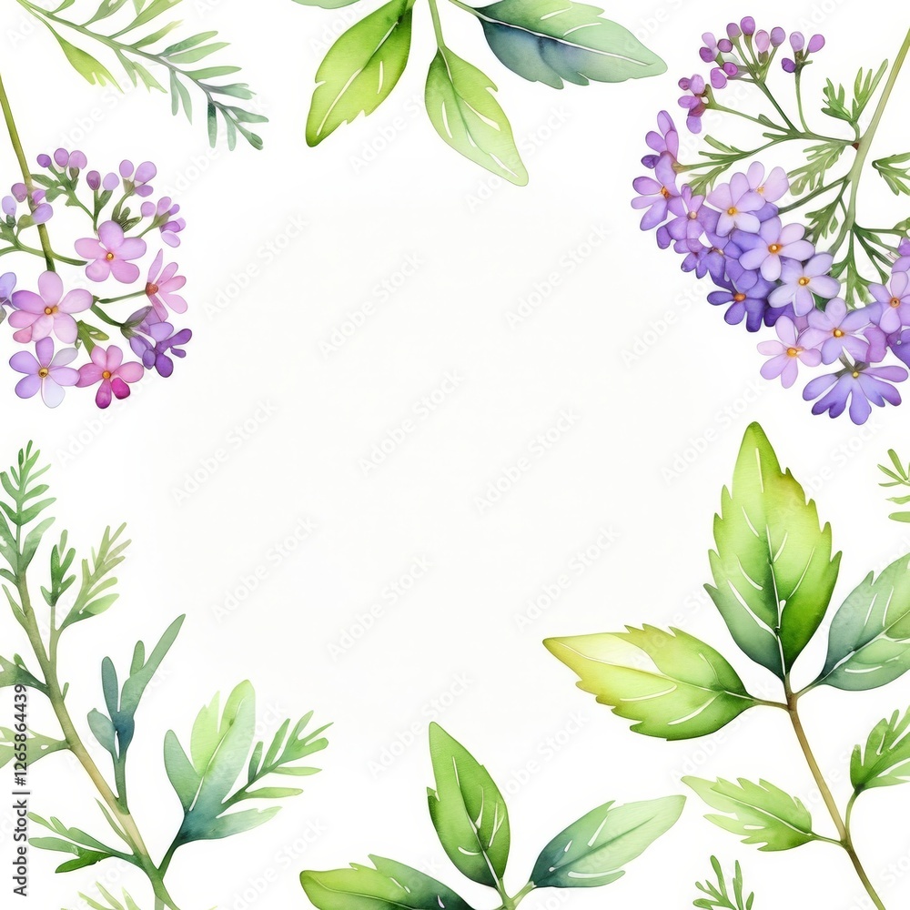 Naklejka premium A white background with a green leafy border and purple flowers