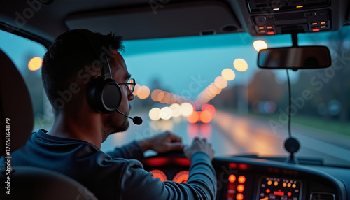 Man driving at night with a headset for communication