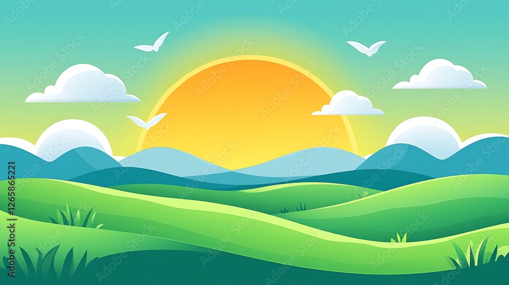 Fototapeta premium Serene Sunrise Over Rolling Green Hills And Blue Mountains