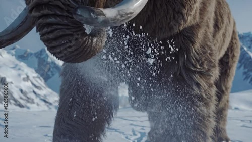 Slow Motion Shot of a Majestic Icy Landscape with a Mammoth Standing – Towering Prehistoric Beast Covered in Thick Frosted Fur, Cold Winds Blowing Across the Frozen Terrain, Snowflakes Drifting 