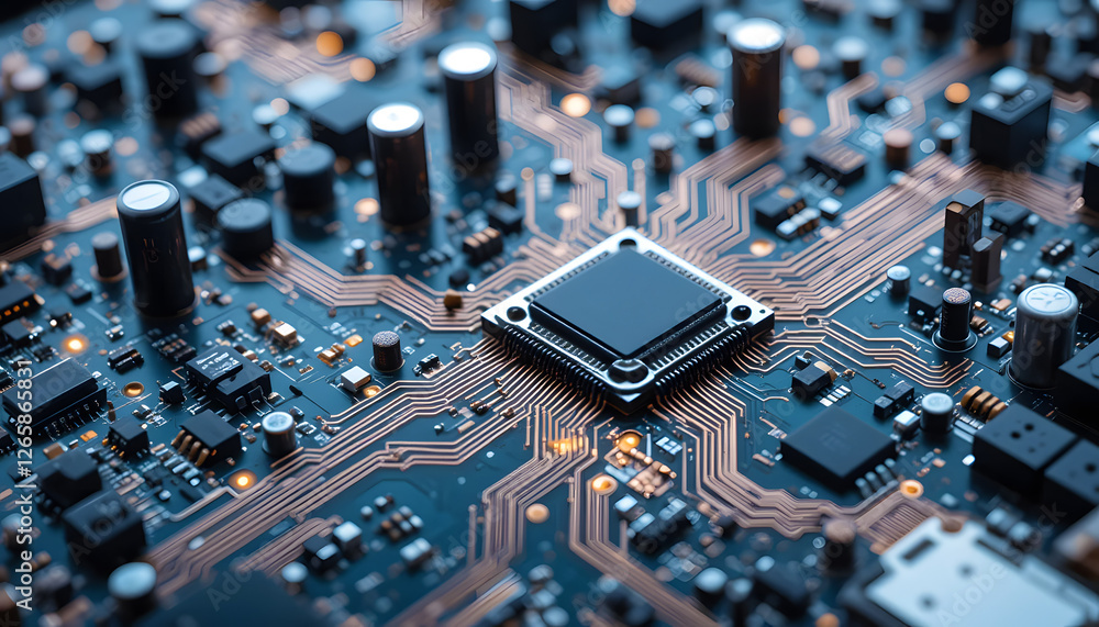 Close-up of Printed Circuit Board with Integrated Circuit - Green Background - Electronics Photography Close-up of Printed Circuit Board with Integrated Circuit - Green Background - Electronics Photography