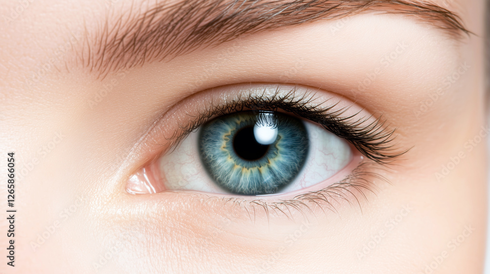 Close-up of caucasian adult female's blue eye with detailed iris and eyelashes Close-up of caucasian adult female's blue eye with detailed iris and eyelashes