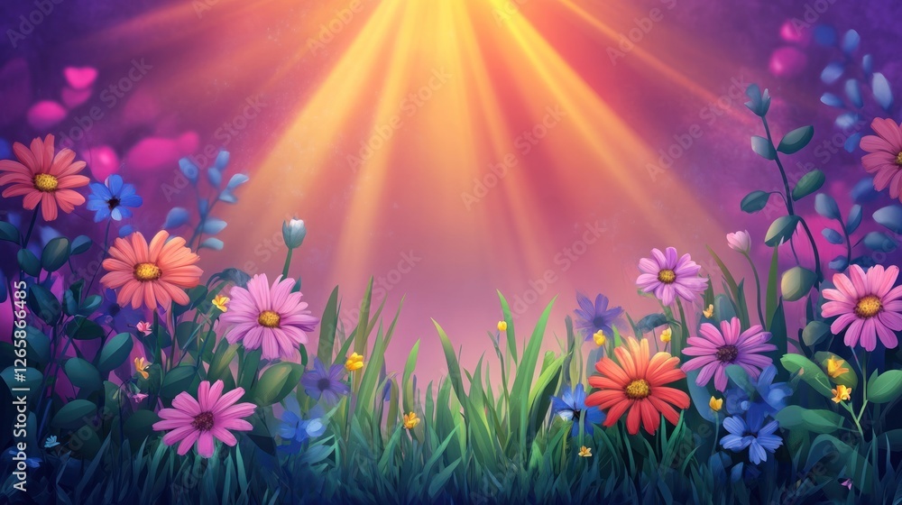 Fototapeta premium Enchanted Garden: A Radiant Field of Flowers Bathed in Golden Sunlight