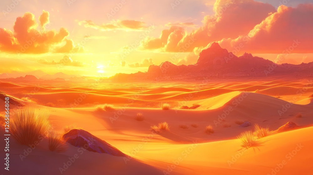 Sunset desert landscape, mountains, dunes, game background Sunset desert landscape, mountains, dunes, game background
