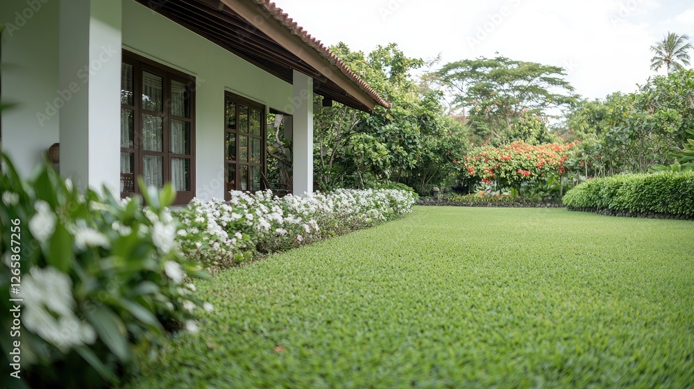 Fototapeta premium Tropical house garden, lush lawn, white flowers, tranquil background