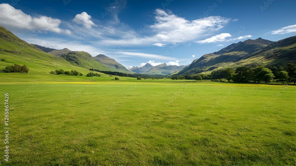 Fototapeta premium Bright Sunny Day Landscape of Lush Green Valley Meadow Surrounded by Mountains
