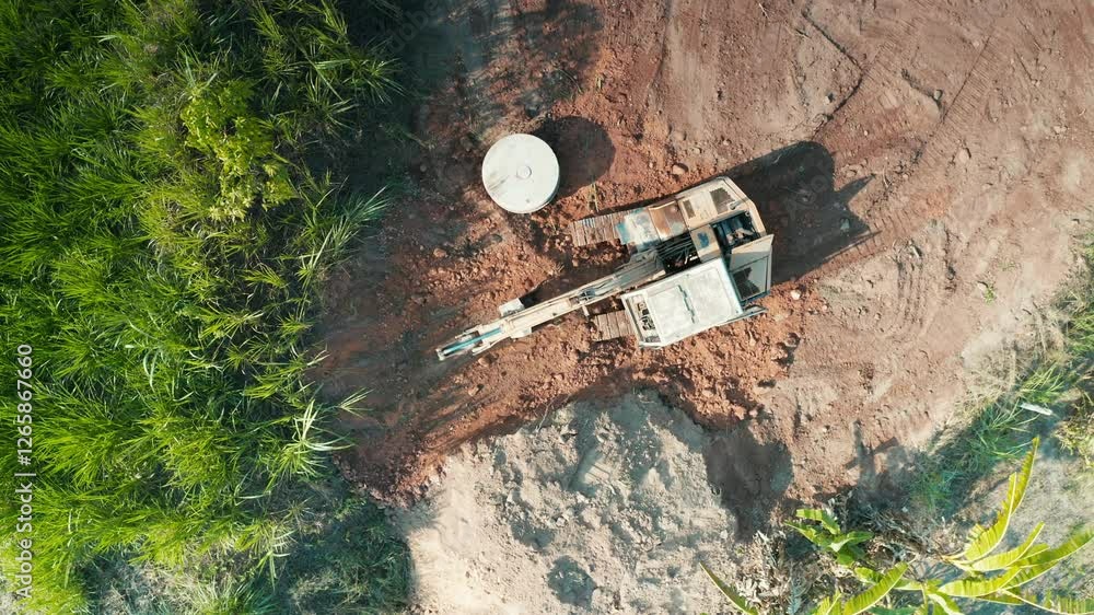 Backhoe machine equipment and soil work in top view. Construction by ...