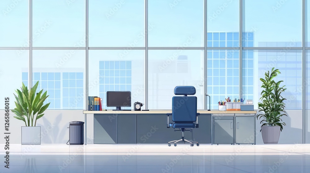 Fototapeta premium Empty Pixel Art Office Interior With City View