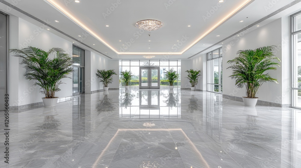 Modern building lobby; plants, marble floor; spacious, bright; corporate event background Modern building lobby; plants, marble floor; spacious, bright; corporate event background