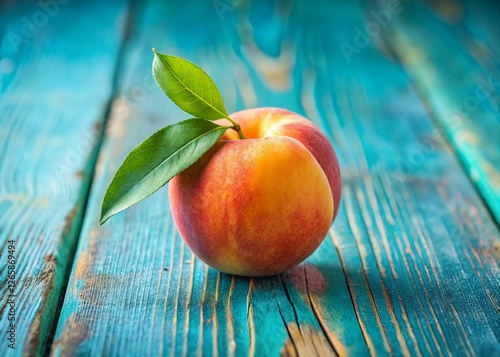 Juicy Peach with Leaf on Turquoise Weathered Wood - Bokeh Background Stock Photo