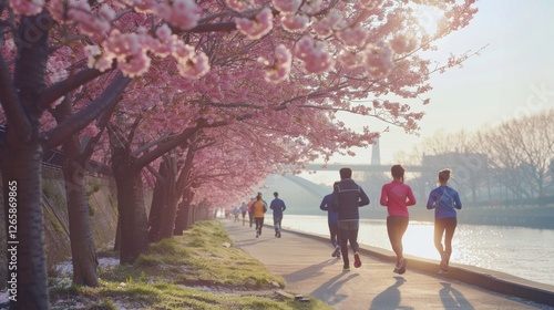Joggers Running Under Cherry Blossom Trees Along a River