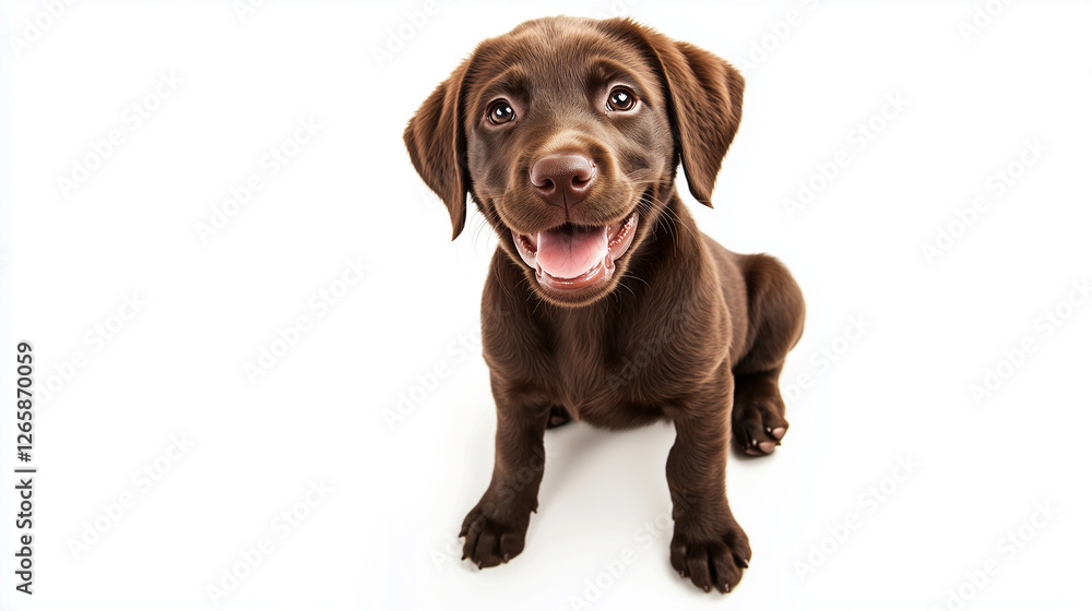 A realistic studio photograph of brown labrador puppy sitting with a happy expression. A realistic studio photograph of brown labrador puppy sitting with a happy expression.