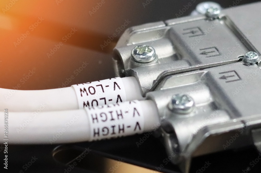 Connection of electrical modules using insulated copper electrical wires. Close-up. Soft focus.