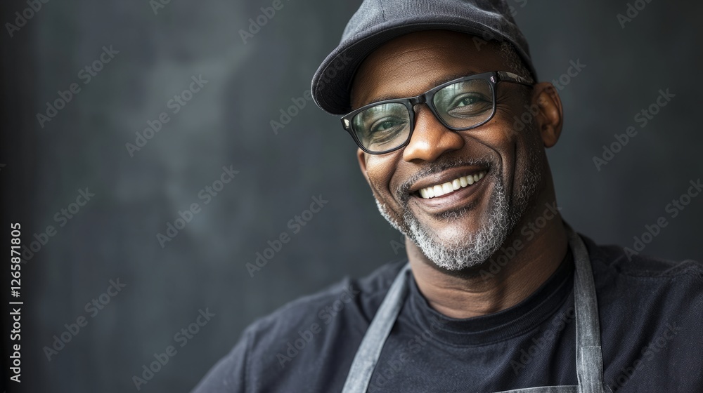 Obraz premium Smiling vendor in uniform, exuding warmth and professionalism in a simple portrait.