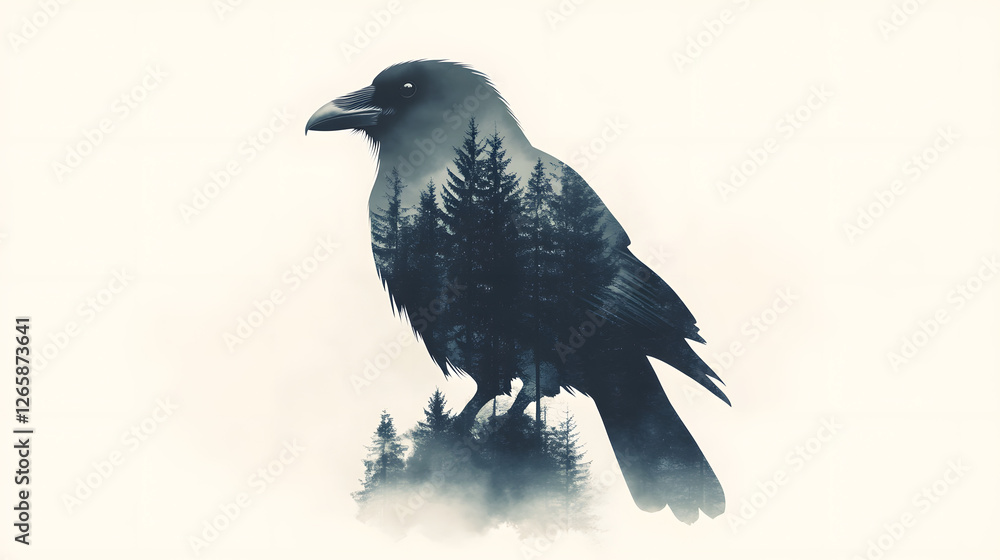 Fototapeta premium A double exposure of the silhouette of a crow filled with a forest 