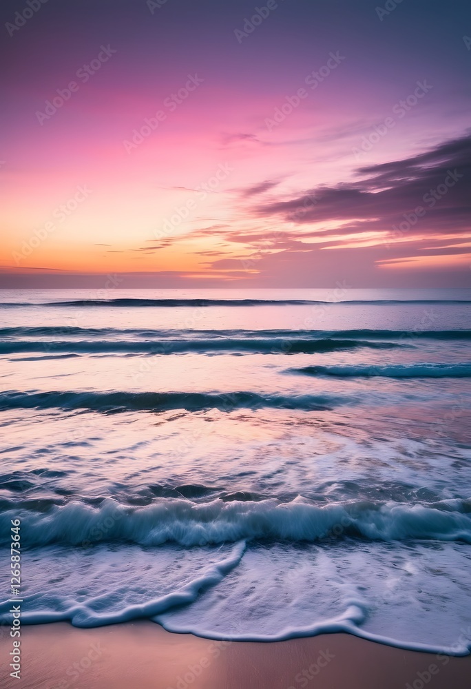 Obraz premium Sunset Coastal Scene with Ocean Waves and Sandy Beach