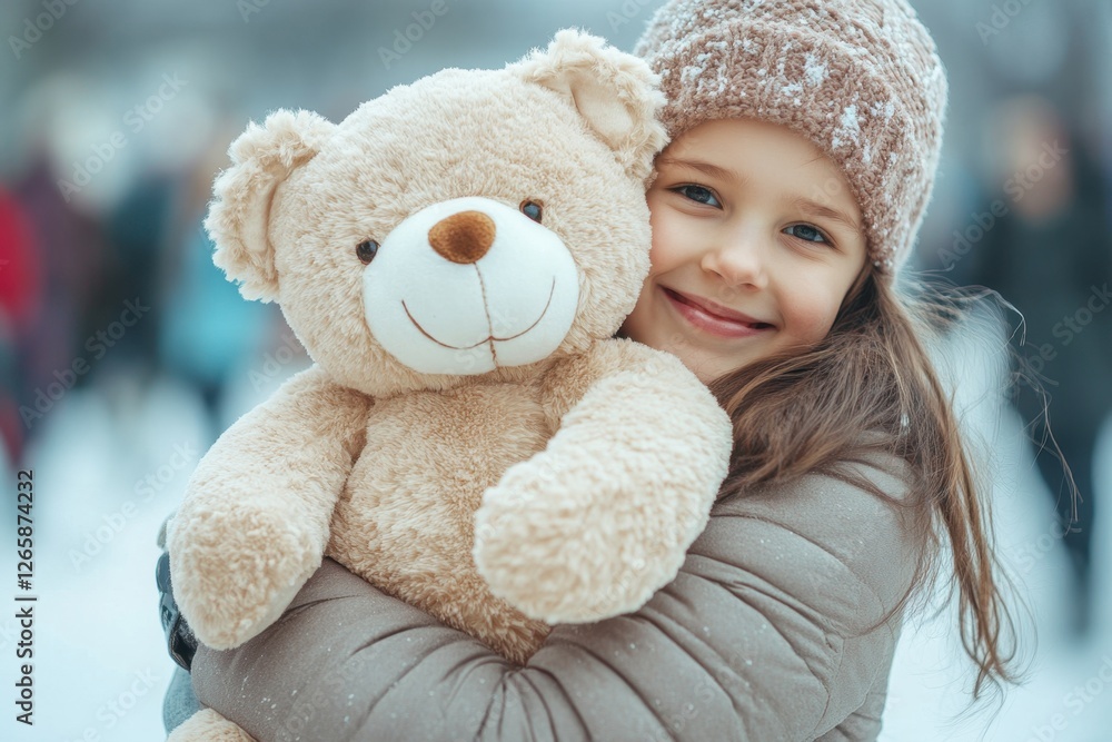 Little girl joyfully embraces her plush teddy bear in the snow Little girl joyfully embraces her plush teddy bear in the snow