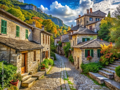 Koukouli Village, Zagori, Greece: Traditional Stone Houses and Mountain Scenery - Documentary Photography photo